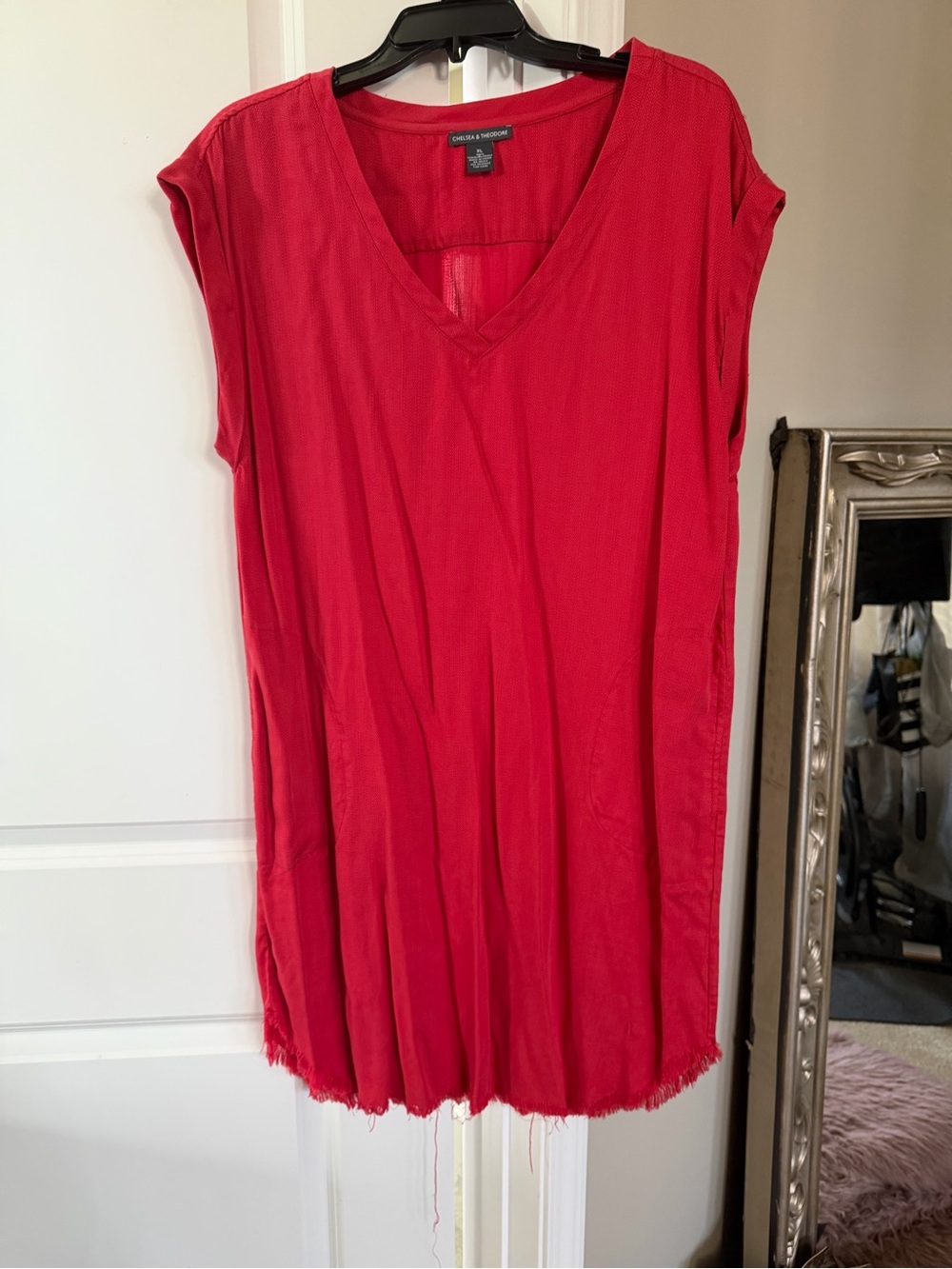 Red V-Neck Cap Sleeve Tunic Dress